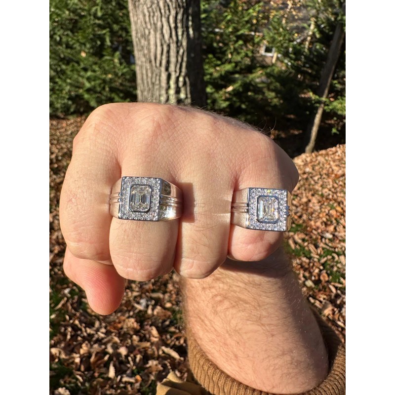 Harlembling Big 2.6ct Emerald Cut MOISSANITE Solitaire Mens Real Solid