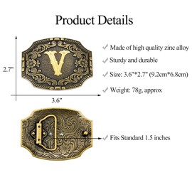 KOORASY Western Initial Letter Belt Buckle - Antique Golden Capital ABC to XYZ Belt Buckle Women Men Jeans Accessory, V