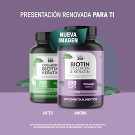 LIFE 360+ Suplemento Alimenticio Collagen Biotin Keratin, 200 Cápsulas | Contiene biotina, colágeno hidrolizado, queratina y gelatina, con aporte de 5