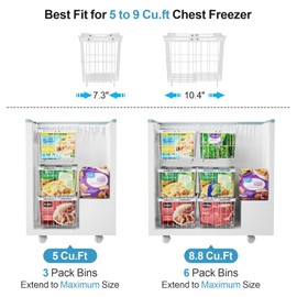iSPECLE Freezer Organizer Bins - 2 Pcs Hanging Baskets for Deep Freezer, Adjustable Wider & Deeper Chest Freezer Organizer Bins for 5 to 9 Cu Ft, Extra Large & Easy Organize, White
