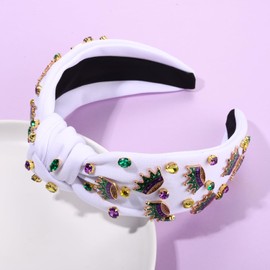 boderier Mardi Gras Headband for Women Glitter Crown Headband Jeweled Crystal Embellished Knotted Headband Fat Tuesday Carnival Hairband Hair Accessories Party Decorations (Crown-White)