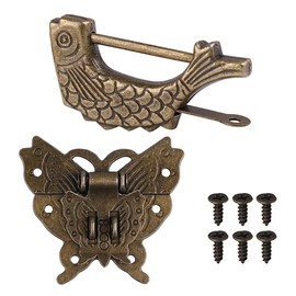 Antique Small Chinese Locks with Key & Latch Hasp Set, Vintage Jewelry Gift Box Decorative Padlock Lock Hardware Latch Set for Wood Box, Fish Lock