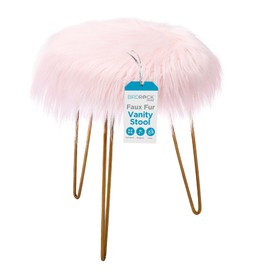 BIRDROCK HOME Round Faux Fur Foot Stool Ottoman - Soft Compact Padded Vanity Seat with Pale Gold Legs - Durable Wood Frame & Hair Pin Metal Legs - Ideal for Bedroom, Makeup Vanity Seat - Fluffy Pink