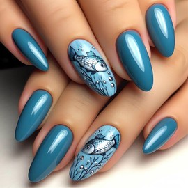 Blue Press on Nails Almond Medium Fake Nails Glossy Blue False Nail Tips Full Cover Ocean Fish Design Glue on Nails Cute Summer Nail Art Decorations Medium Almond Stick on Nails for Women 24Pcs