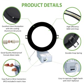 POPANU Recessed Light Ultra-Thin Canless 6-Inch Black Trim LED Ceiling Lighting Kits 5 CCT Selectable Color Temperature 6 Inch LED Retrofit Lighting Bulb with Junction Box Dimmable 12Pack…