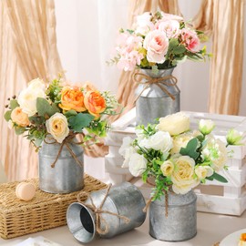 Domensi 12 Pcs 5.12 Inch Farmhouse Metal Flower Vase Decor Galvanized Milk Can Jug Vase with Twine Bow Rustic Flower Buckets for Floral Table Centerpiece Home Dinging Room Wedding Decor (Iron Color)