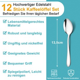 HaWare Coffee Spoons, 12 Pieces Stainless Steel Tea Spoons, Dessert Spoon Set, Small Spoon for Home/Restaurant/Hotel, Highly Polished & Dishwasher Safe - 13.5 cm (Classic Design)