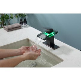 ICREEH LED Waterfall Bathroom Sink Faucet, 3 Colors Changing Glass Spout Faucet with Water Supply Hose, Single Handle Single Hole Slanted Body Brass Mixer Vanity Sink Tap (Oil Rubbed Bronze