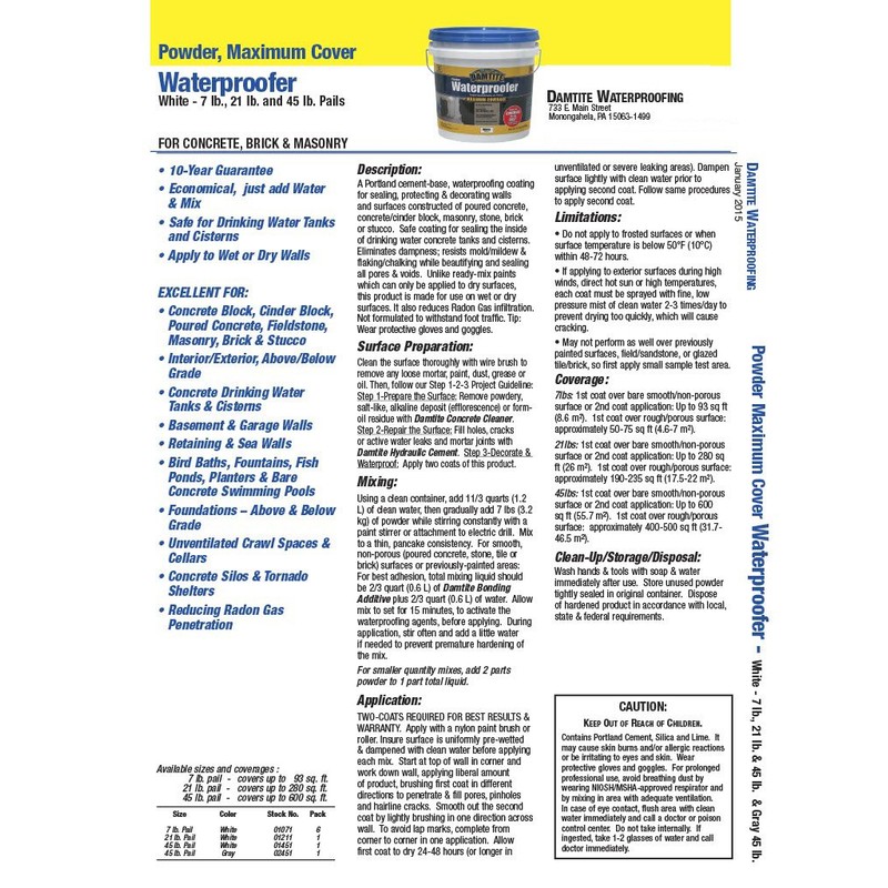 DAMTITE WATERPROOFING 01211 Maximum Coverage White Powder Waterproofer, 21 lb,