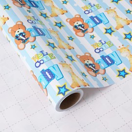 ZINTBIAL Baby Shower Wrapping Paper Roll - Blue Baby Boy Animal Heart Theme Newborn Gift Wrap Paper for Baby Shower,Children's Christening,Birthday, New Mommy - 17.5 in x 16.5 ft，Cut Lines on Back
