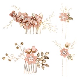 GAVIK 4pcs Wedding Hair Accessories, Crystal Pearl Hair Comb and Flower Hair Pins for Bridesmaid Prom Bridal Shower (Gold)