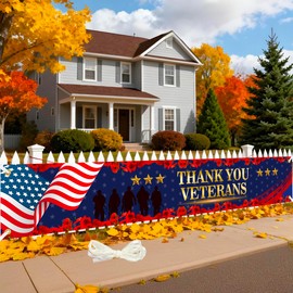 Large Thank You Veterans Banner 120x20 Inch Veterans Day Banner for Patriotic Decorations Memorial Day Hanging Backdrop Outdoor Supplies for Home Party with 19.68ft Ribbon