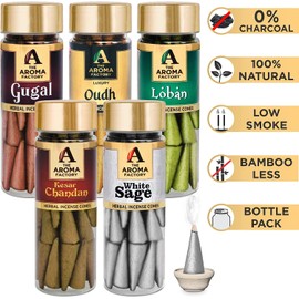 The Aroma Factory Organic Dhoop Cones | Gugal, Oudh, Loban, White Sage & Kesar Chandan Incense Cones | No Charcoal, Scented Incense | 5x30 Cones, Pack of 5 Jute Bag Giftset