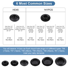 141pcs Car Body Plugs, Flush Mount Hole Plugs, 6 Sizes Assorted Car Flush Mount Hole Plugs, Auto Body Sheet Metal Hole Fastener Plug for Car, Boat, Pump, Plumbing, Cables Plugs
