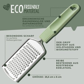 Fackelmann Ecolution Grater - Hand Grater Made of Stainless Steel, Wood Fibres and Organic Plastic - 24.5 cm x 6 cm Kitchen Grater in Mint Green