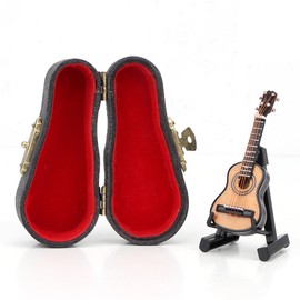 1：12 Mini Wooden Instrument Guitar with Leather Box Model Simulation Accessory for Dollhouse