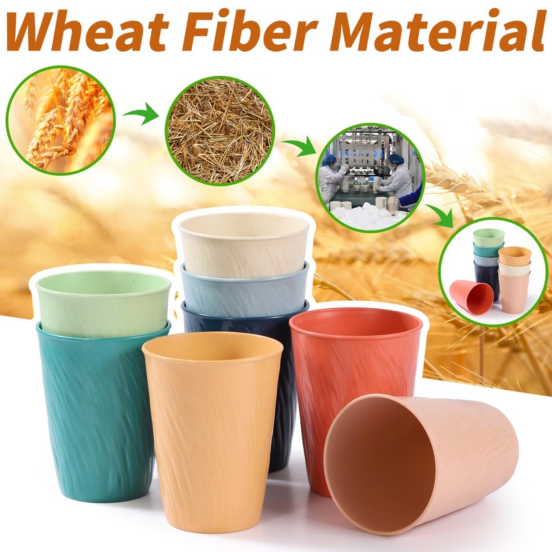 becutlery Wheat Straw Unbreakable Cup, Reusable 12oz 8Pcs Water Glasses