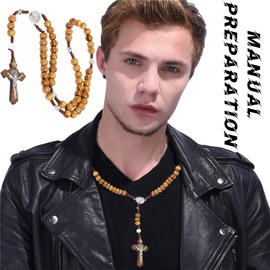 Wooden Rosary Necklace, Catholic Cross Rosary Necklace, Natural Wood Prayer Chain Necklace, for Catholic Christians, Religious Communion, Baptism, Fair, Bible