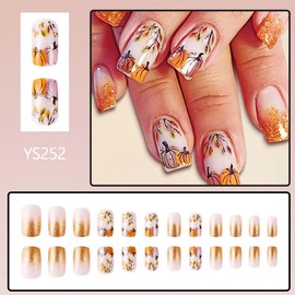 Medium Square Press On Nails Fall Fake Nails Pumpkin Leaf With Glitter Design Full Cover Artificial Thanksgiving Nails Autumn False Nails Ombre Glue On Nails Stick On Nails For Women Manicure 24pcs