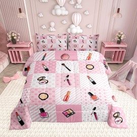 Women Cosmetics Comforter Set for Adults,Make Up Theme Watercolor Lipstick Eye Shadow Nail Polish Bedding Comforter Sets Queen,Dreamy Pink Geometry Patchwork Quilt Comforter with 2 Pillowcases
