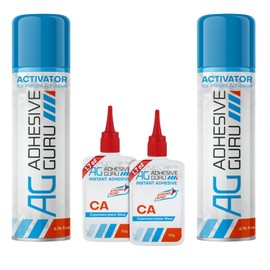 Adhesive Guru CA Glue with Activator (2x1.7 oz - 2x6.76 fl oz) - Premium Cyanoacrylate Super Glue for Woodworking, Woodturning, Plastic, Metal, Leather, DIY, Ceramic & Craft | Instant Bond - 2 Pack
