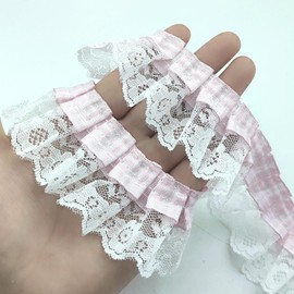 YOOGCORETT 3 Yards Pink Fabric Pleated Lace Edge Trim Gathered Mesh Chiffon Ribbon Embroidered Applique Sewing for DIY Sewing Wedding Bridal Dress Clothes Embellishment 2"Inch