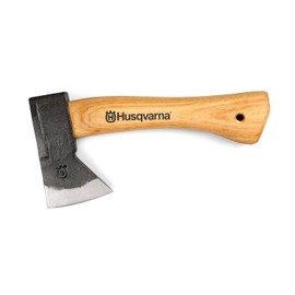 Husqvarna 9.4-Inch Hiking Hatchet, Camping Axe with Hickory Wood Handle and Forged Steel Axe Head, Includes Durable Leather Cover