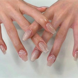 Glitter Nude False Nails Coffin, SXVME Valentine Press on Nails Medium Short Ballerina Fake Nails with 3D Bow Design Acrylic Nails Glossy Nude Glue on Nails Press ons for Nail Art 24 Pcs