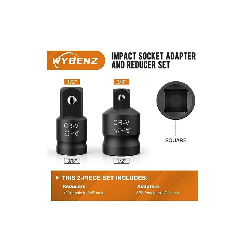 2PCS Impact Socket Adapter and Reducer Set,1/2"to 3/8" & 3/8"to