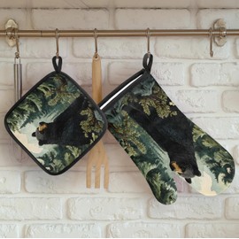TULIMET Black Bear Forest Wild Animals Oven Mitts and Pot Holders Sets, 2 Pcs Decorative Kitchen Oven Glove for Cooking
