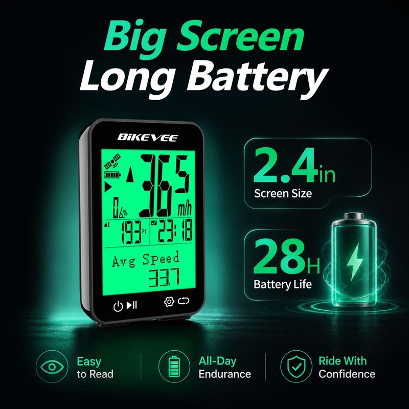 Bikevee GPS Bike Computer, 2.4" Display, IPX7, 8 Languages, Green