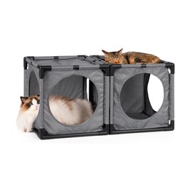 JUNSPOW Cat Beds for Indoor Cats, Expandable Kitty House, Kitty Fort and Cat Hideaway, Muti-Functional Cat Condo with Breathable and Scratching Resistant Cloth Cover, Grey, 2 Pack