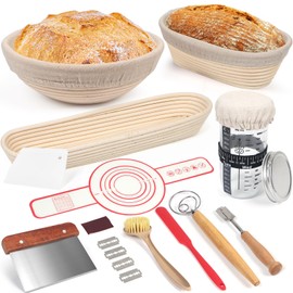 Sourdough Bread Baking Supplies, Sourdough Starter Kit, 3 Bread Proofing Baskets with Full baking set, Sourdough Starter Jar, Bread Lame, Danish Whisk, Dough Scraper, Wonderful gift for Bakers