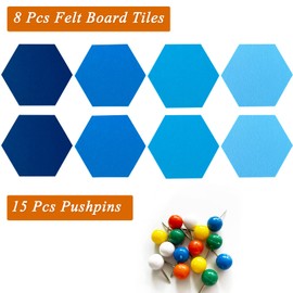 HULAVO 8Pcs Hexagon Felt Cork Board Tiles, Self Adhesive DIY Bulletin Board Pin Board for Office School Home Wall Decor Stickers Memos Photos Display (Gradual Blue)