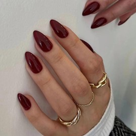 Burgundy Press on Nails Medium Almond Shape Fake Nails Solid Color Acrylic Nails with Designs Winter Glue on Nails for Women Girls Daily Party Wear,Full Cover False Nails Press ons in24 PCS