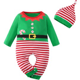 maxToonrain My First Christmas Outfit for Baby Long Sleeve Elf Costume Boys and Girls Sleepwear Toddlers One-Pieces Rompers (Red Striped Trouser and Hat,3-6 Months)