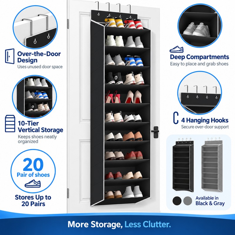 Over-the-Door Shoe Organizer for Space-Saving Storage – 10-Tier Deep Pocket