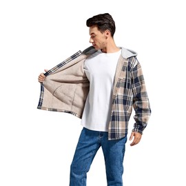 Derbars Cotton Plaid Shirts Fleece Lined Flannel Sherpa Button Down Jackets with Hood for Men Blue XX-Large