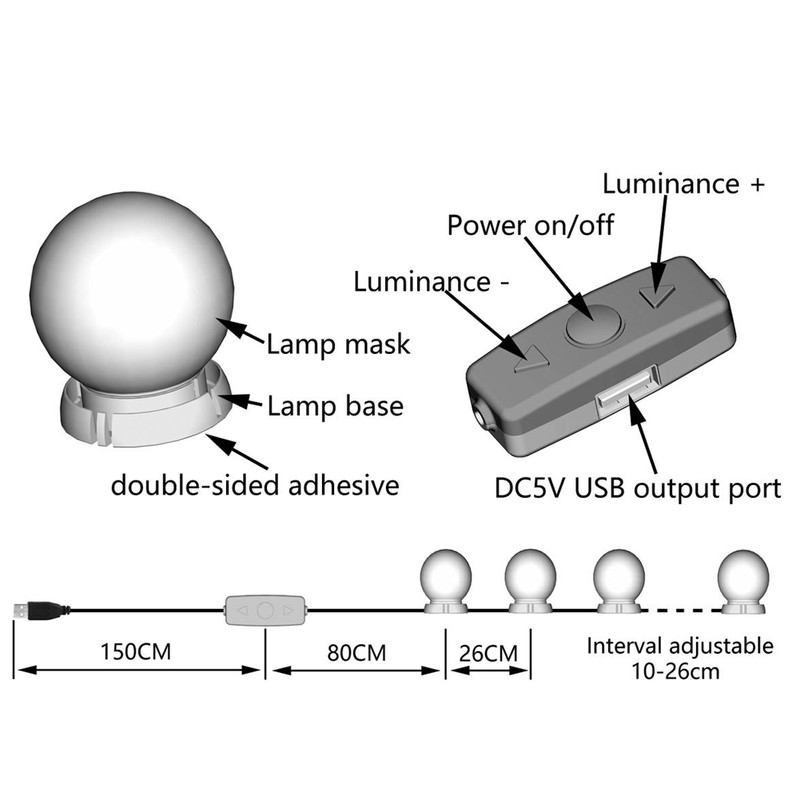 10 LED Illuminated Makeup Mirror Rope Lamps Stepless Adjustable Touch