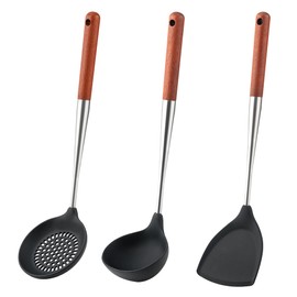 FJNATINH Silicone Wok Spatula,Ladle,Skimmer Ladle Tool Set,Stainless Steel Non Stick Heat-Resistant Cooking Utensils BPA Free Kitchen Utensils Cookware Wooden Handle, Pack of 3