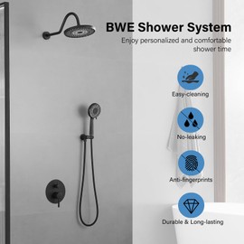 BWE Matte Black Shower System Wall Mounted Shower Faucet Mixer Set 8.9 Inches High Pressure Rain Shower Head Faucet and 5-Setting Handheld Spray with Shower Valve and Trim Kit