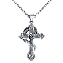 INFINIONLY Mens Stainless Steel Cross Necklace Fashion Cross inlaid Dragon Pendant with 55cm Chain Hip Hop Skull Necklace Novelty Jewellery Vintage Accessories for Teenagers