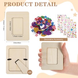 50 Pcs Wooden Picture Frames for Crafts, 2 x 3inch DIY Wood Photo Frame Bulk with Diamond and Foam Stickers for DIY Crafts, Small Unfinished Standing Photo Frame for Home Party Wedding Decor