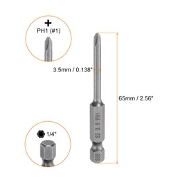 sourcing map #1 Phillips Screwdriver Bit PH1 1/4" Hex Shank 2.56" (65mm) Long Magnetic S2 Steel Industrial Grade Screw Driver Bit Cross Head Electric Drill Bits 0.138" (3.5mm) Rod