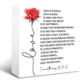 Christian Wood Sign, Rustic Box Sign Decor Tabletop, Inspirational Desk Sign, Love Quote White Wooden Box Sign for Anniversary, Bible Verse Decor, 1 Corinthians 13:4-8 Sign, Wedding Gift