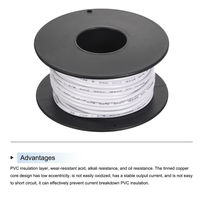 Sourcing Map 18AWG White PVC Hookup Wire, 10M/33ft, UL1007, Tinned