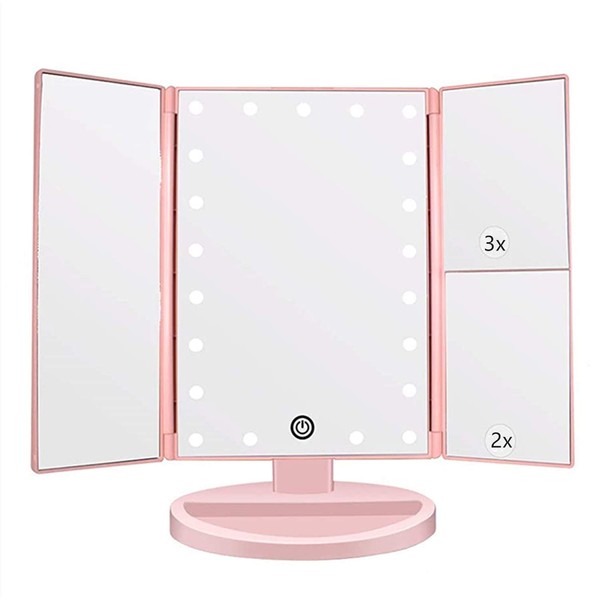 Flymiro Tri-fold Lighted Vanity Makeup Mirror with 3x/2x Magnification,21 LEDs