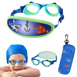 RUIGAO Kids Goggles Age 2-6, Swim Goggles Fabric Strap No Hair Pull, Toddler Swimmimng Goggle with Case (1PK - Blue Shark)