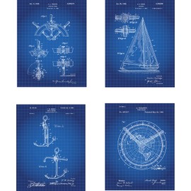Sailing Patent Wall Art Prints on Blue Grid Background - set of Four (8x10) Unframed - wall art decor for sailors and boat fans