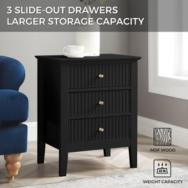 Fluted 3 Drawers Black Nightstand, Bedroom 24" Bed Night Stand, Side End Table Small Living Room Sofa Couch, Modern Gold Handle